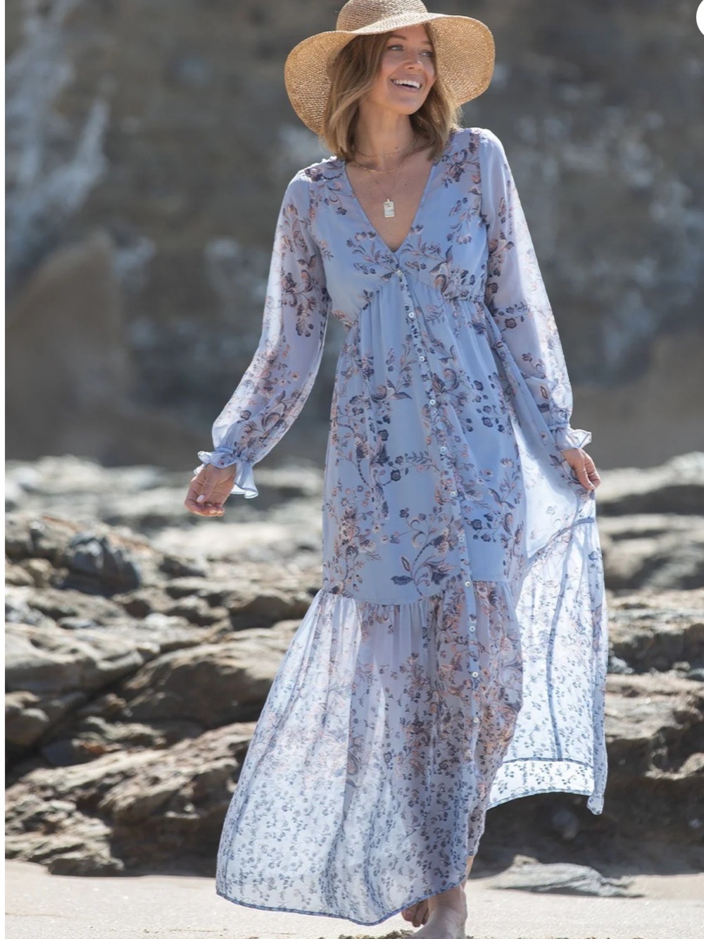 lovestitch Meadow Sage Light Blue Floral V-Neck Maxi Dress